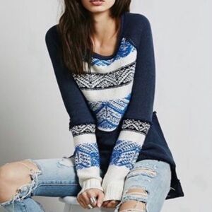 Free People Snow Angel Tribal Chunky Mixed Media Navy Sweater Pueblo Aztec XS